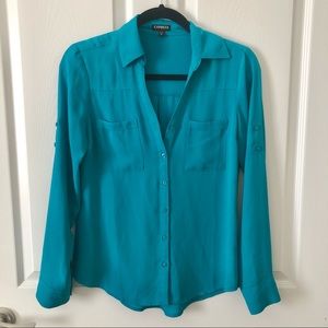 Express Teal Button Down Polyester Blouse Size XS